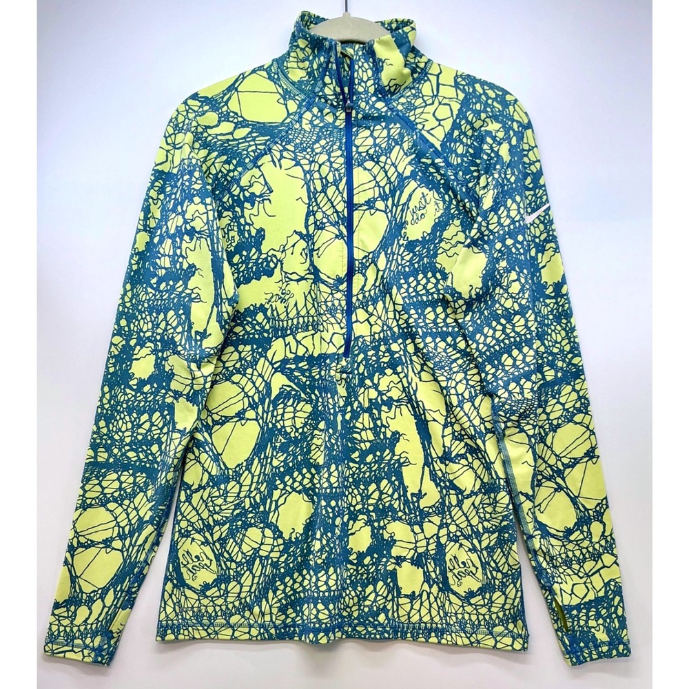 Nike Pro Half Zip Mock Neck Pullover Sz L Blue Yellow Abstract Activewear 1990s